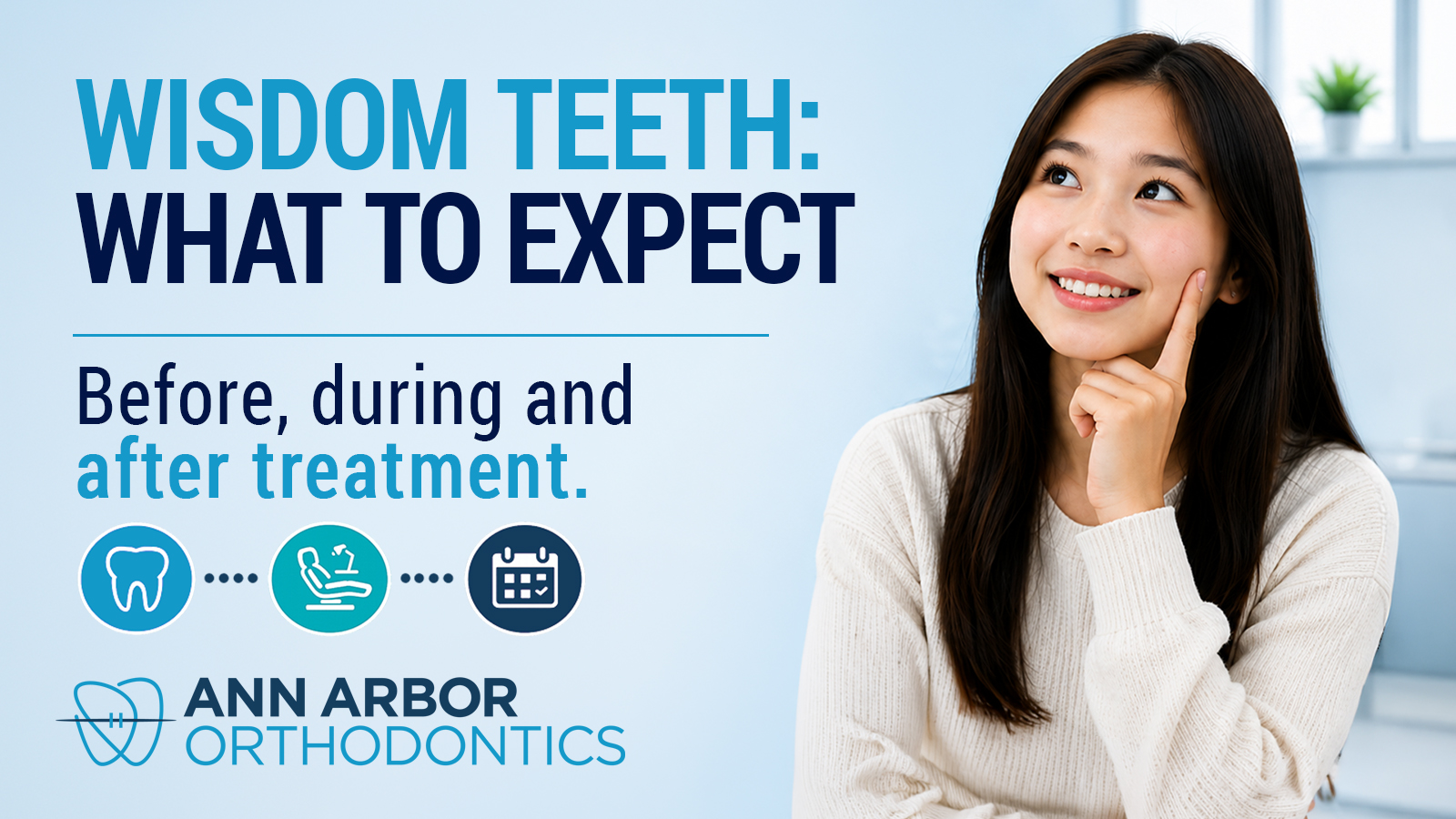 Teenage girl smiling thoughtfully while considering wisdom teeth timing, representing the before, during, and after stages of orthodontic treatment planning.
