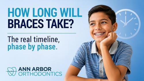 Young child smiling with braces, representing the timeline of early treatment, comprehensive treatment, and retention in pediatric orthodontic care.