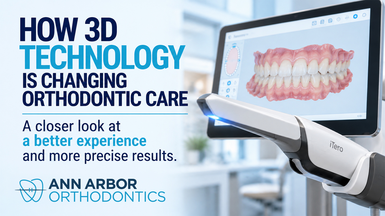 A handheld iTero digital scanner held in front of a screen displaying a 3D model of upper and lower teeth, representing how 3D technology guides orthodontic treatment.