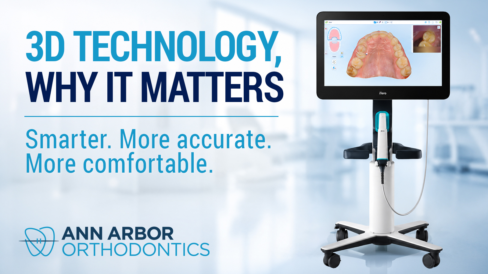 iTero 3D digital scanner displaying a detailed orthodontic tooth scan, highlighting advanced technology used by Ann Arbor Orthodontics.