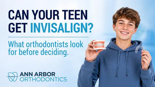 Teen holding a clear Invisalign aligner and orthodontic model, representing how orthodontists evaluate whether teens are good candidates for Invisalign treatment.