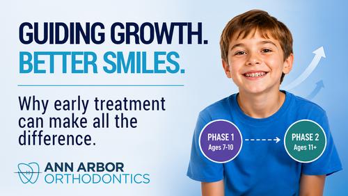 Young boy smiling with braces, illustrating Phase 1 and Phase 2 orthodontic treatment that guides healthy jaw growth and creates a strong foundation for a lifetime of healthy smiles.