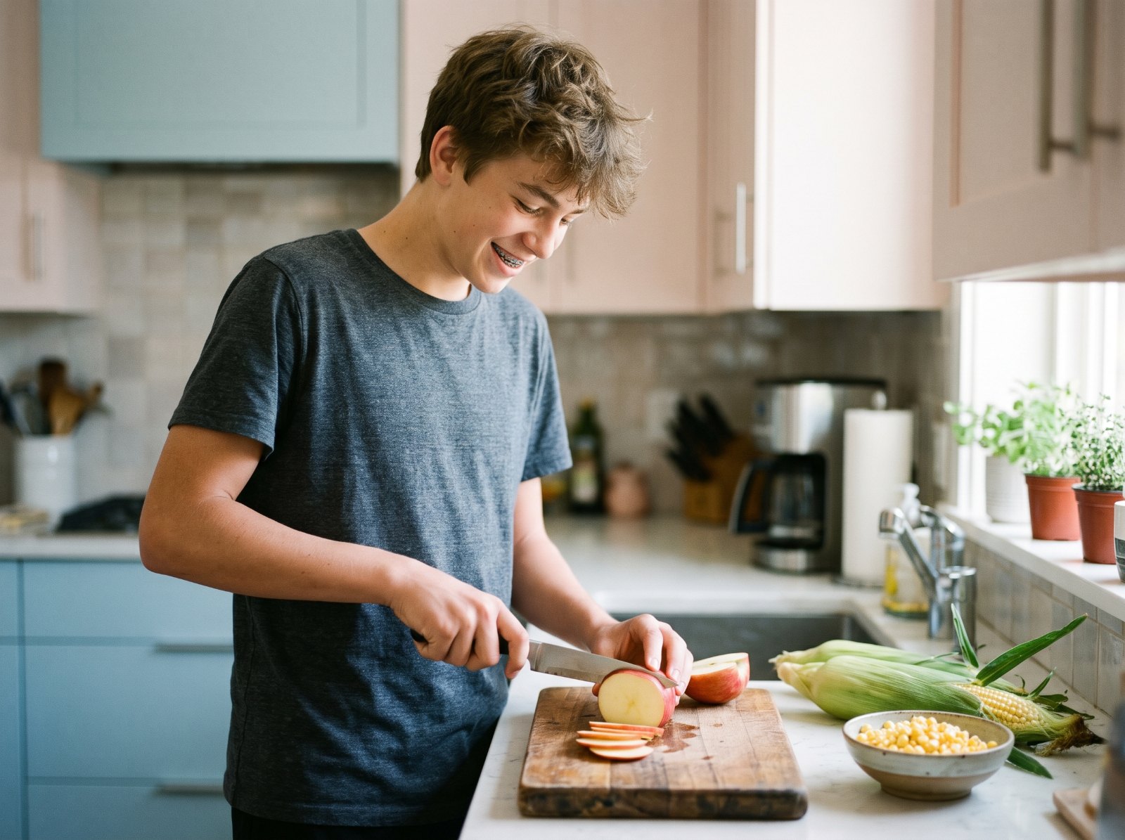 A smiling teenage boy with braces slices an apple into thin pieces on a cutting board, with corn kernels cut from the cob nearby, preparing foods the braces-safe way.